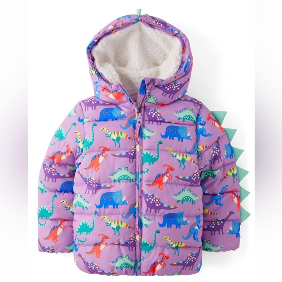 💜 Girls Dinosaur Puffer Jacket - Dino Friends - Violet twist FREE DINO TIGHTS - Picture 2 of 5